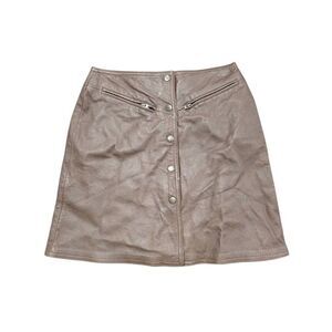 Styleworks Brown Grain Leather Lined Mini Skirt Button Up Front w Pockets Women'